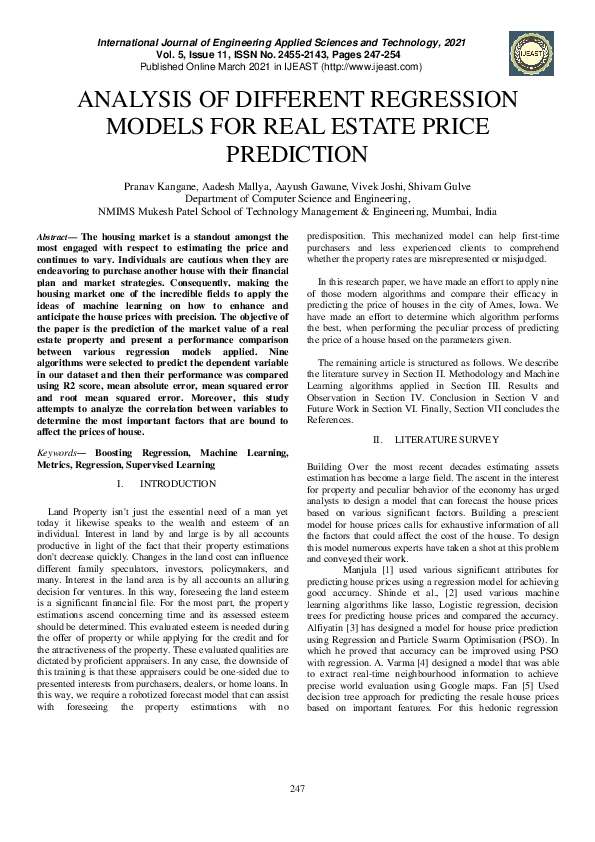(PDF) Analysis of Different Regression Models for Real Estate Price ...