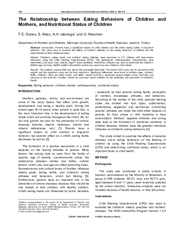 (PDF) The Relationship between Eating Behaviors of Children and Mothers ...