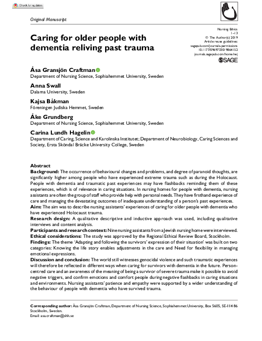 (PDF) Caring for older people with dementia reliving past trauma