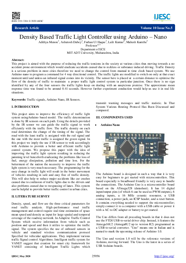 (PDF) Density Based Traffic Light Controller using Arduino – Nano