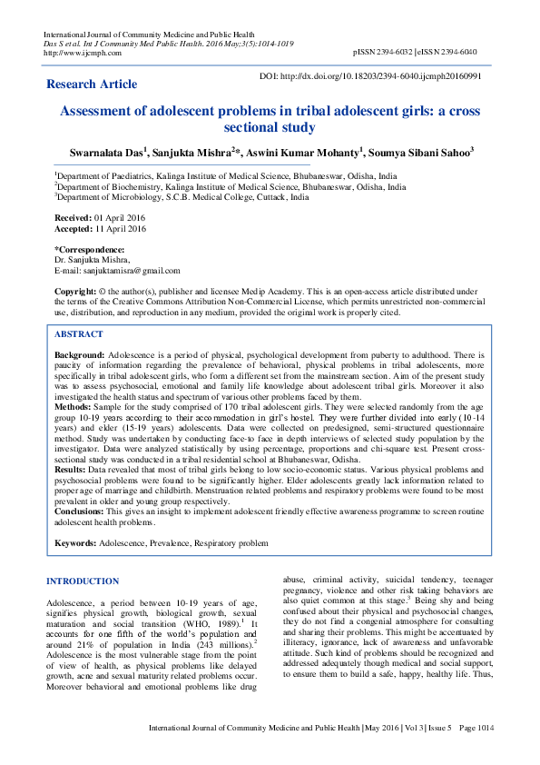 PDF) Assessment of adolescent problems in tribal adolescent girls 
