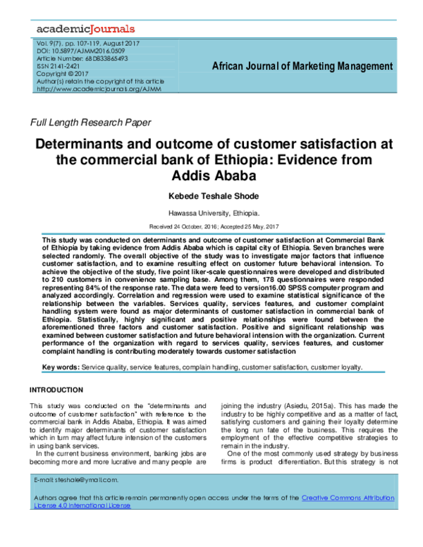  PDF Determinants And Outcome Of Customer Satisfaction At The Commercial Bank Of Ethiopia 