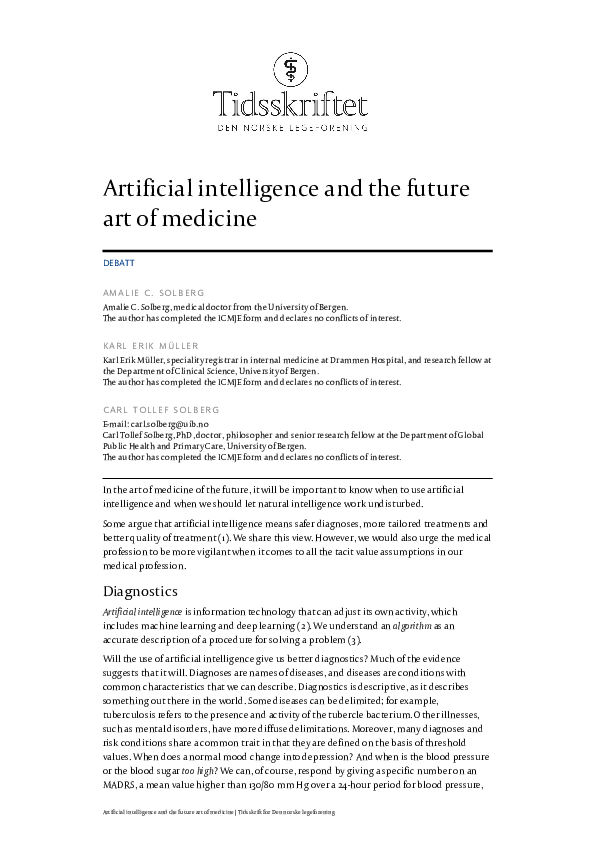 (PDF) Artificial intelligence and the future art of medicine