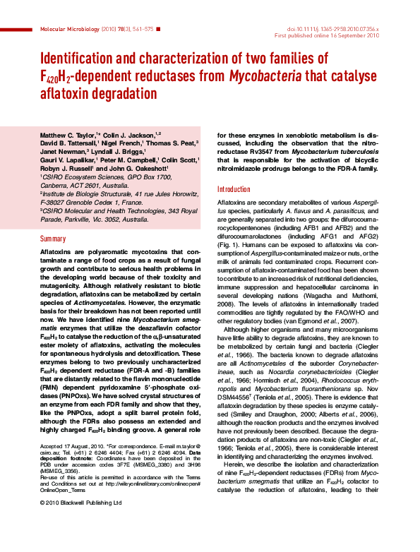Identification and characterization of two families of F420H2���dependent reductases from Mycobacteria that catalyse aflatoxin degradation