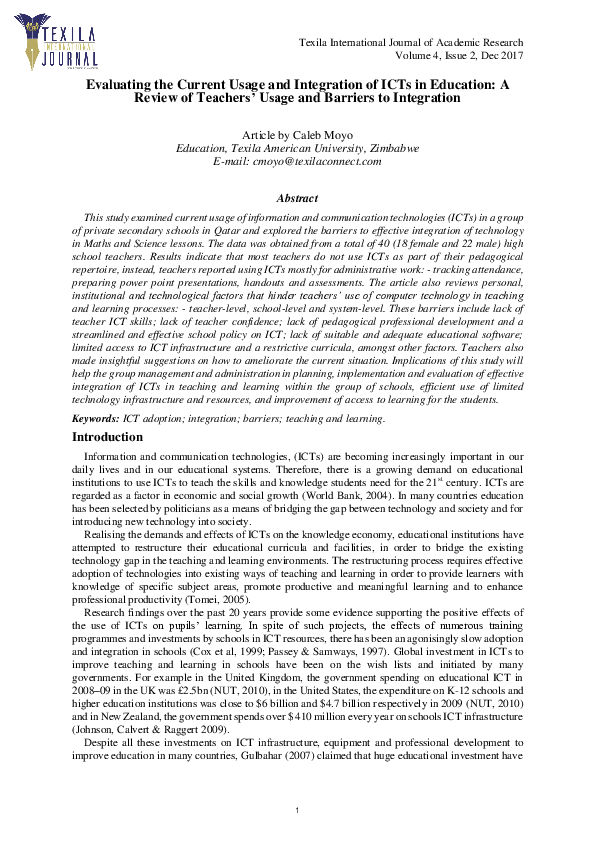 (PDF) Evaluating the Current Usage and Integration of ICTs in Education ...