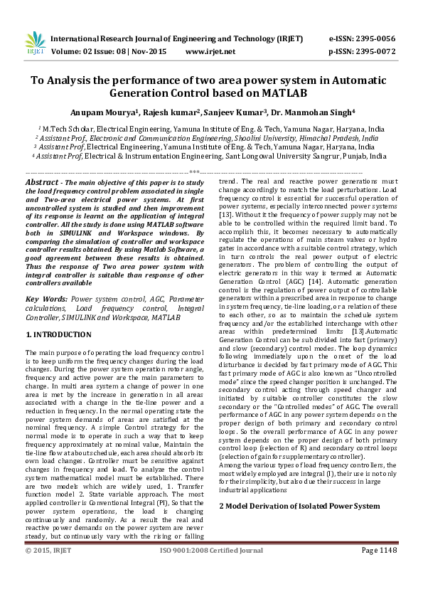 (PDF) To Analysis the performance of two area power system in Automatic ...
