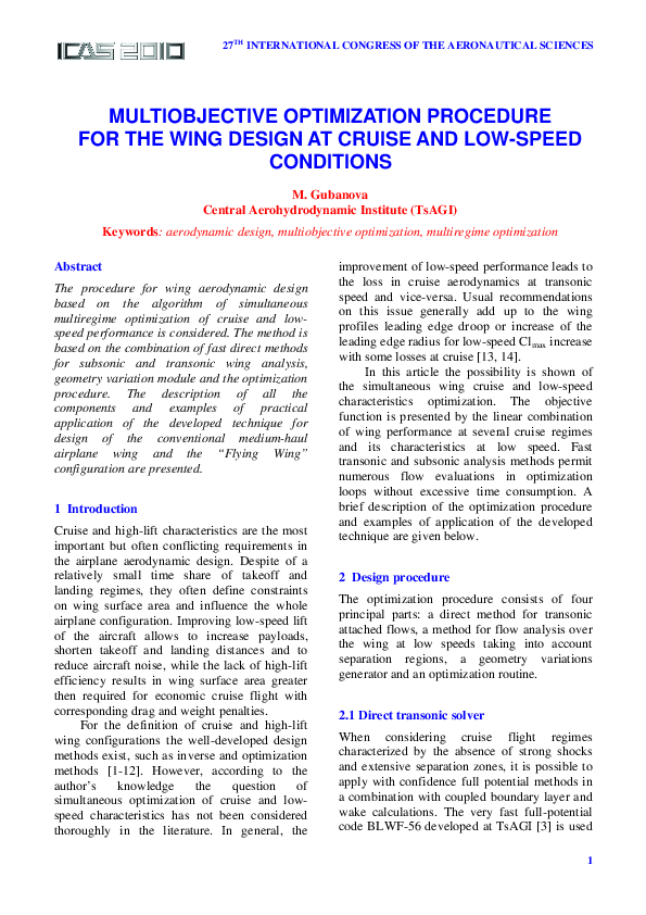 (PDF) Multi-objective optimization procedure for the wing design at ...