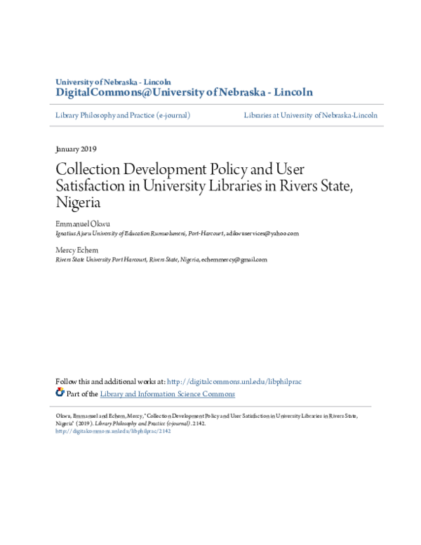 (PDF) Collection Development Policy and User Satisfaction in University ...