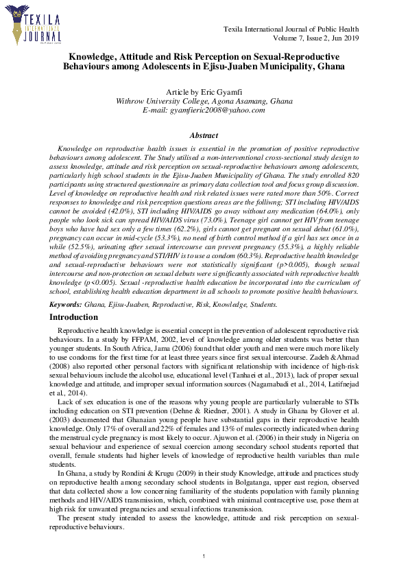 (PDF) Knowledge , Attitude and Risk Perception on Sexual-Reproductive ...