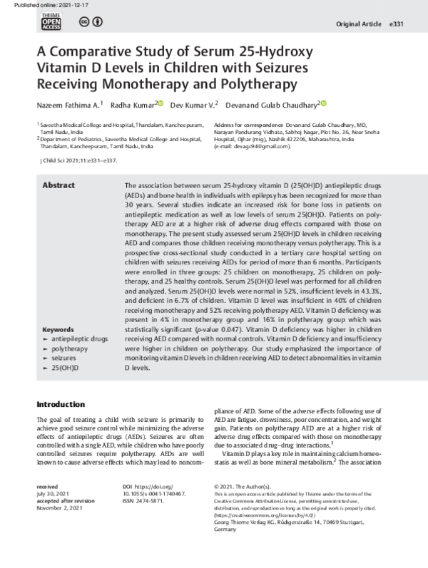 (PDF) A Comparative Study of Serum 25-Hydroxy Vitamin D Levels in ...