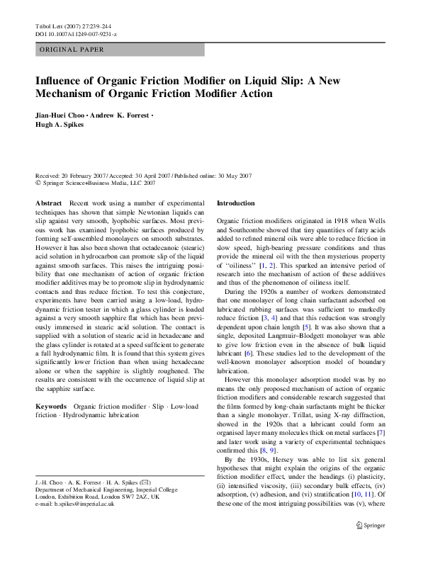 (PDF) Influence of Organic Friction Modifier on Liquid Slip: A New ...