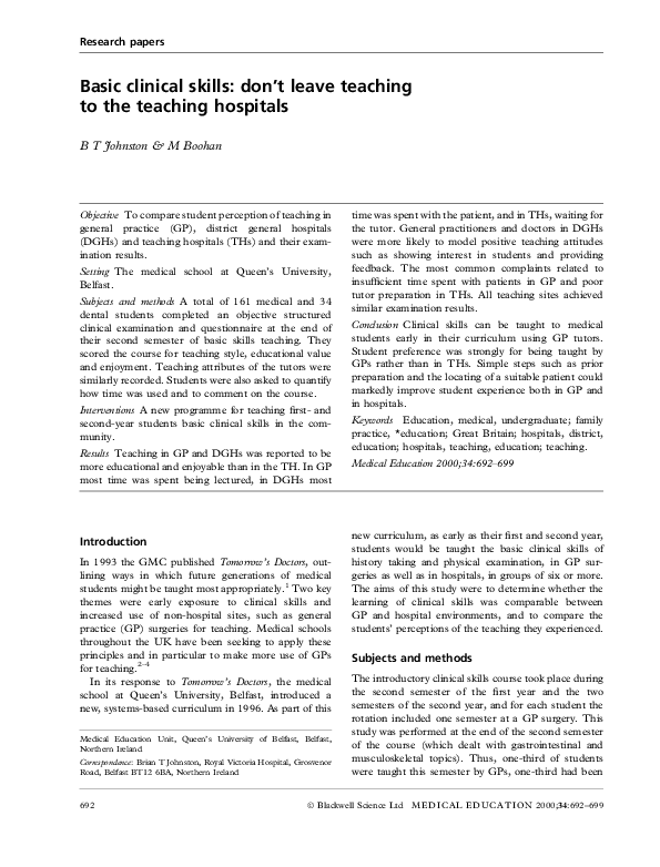 (PDF) Basic clinical skills: don't leave teaching to the teaching hospitals