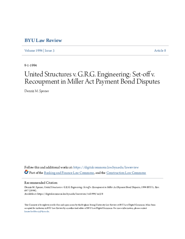 (PDF) United Structures v. G.R.G. Engineering: Set-off v. Recoupment in ...