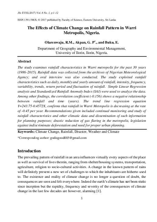 (PDF) The Effects of Climate Change on Rainfall Pattern in Warri ...