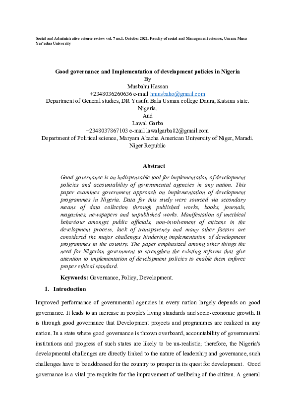 (DOC) Good governance and Implementation of development policies in Nigeria
