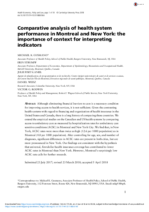 (PDF) Comparative analysis of health system performance in Montreal and ...