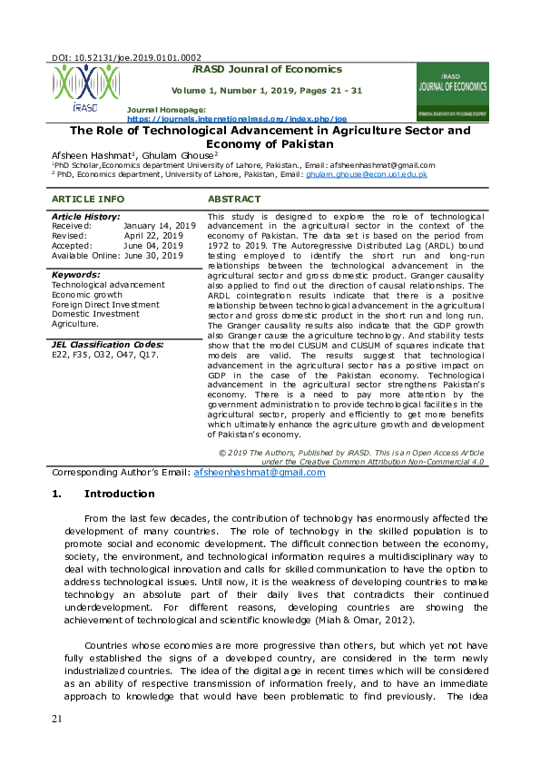 (PDF) The Role of Technological Advancement in Agriculture Sector on ...