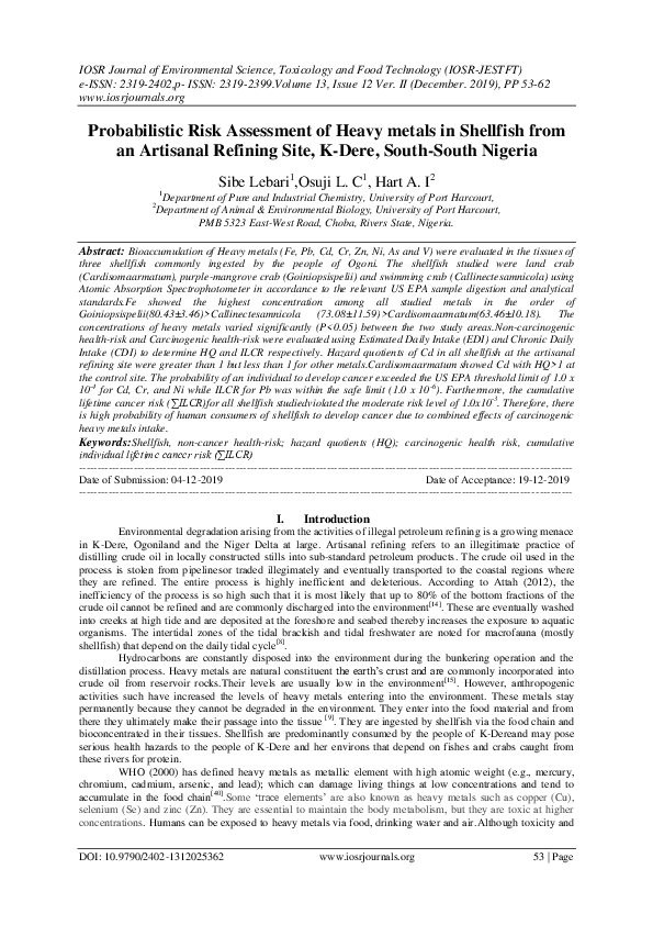 (PDF) Probabilistic Risk Assessment of Heavy metals in Shellfish from ...