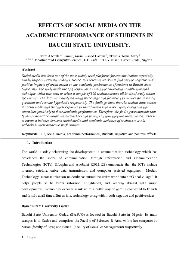 (DOC) EFFECTS OF SOCIAL MEDIA ON THE ACADEMIC PERFORMANCE OF STUDENTS ...