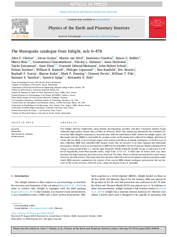 (PDF) The Marsquake Catalogue from InSight, Sols 0-478