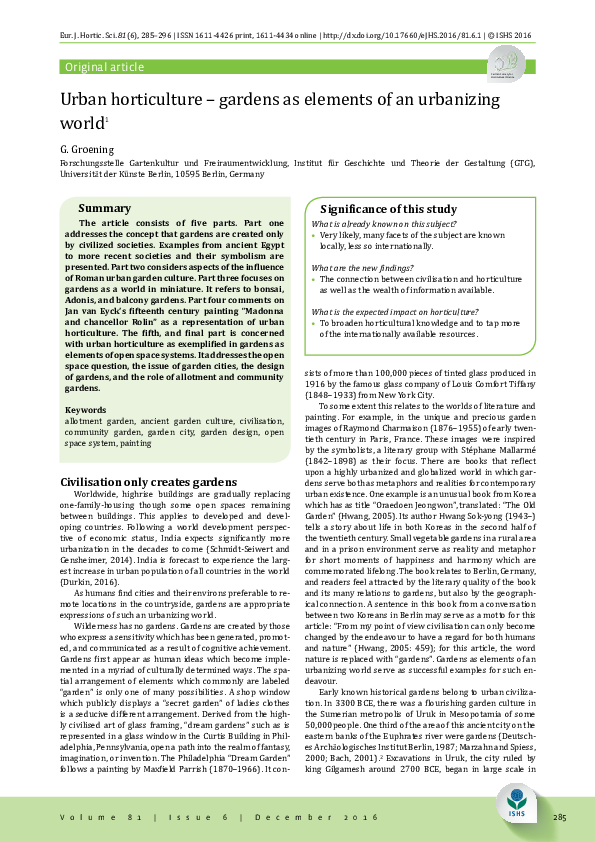 (PDF) Urban horticulture - gardens as elements of an urbanizing world