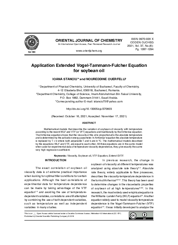 (PDF) Application Extended Vogel-Tammann-Fulcher Equation for soybean oil