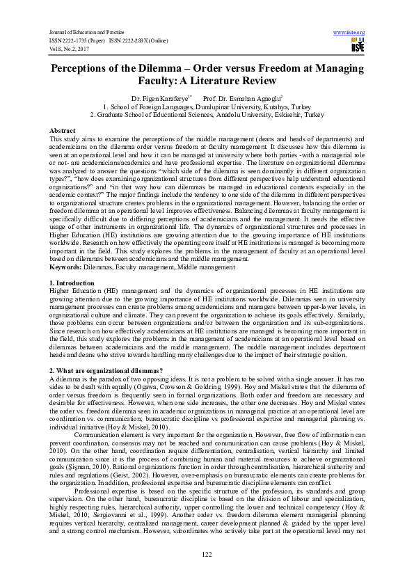 (PDF) Perceptions of the Dilemma – Order versus Freedom at Managing ...