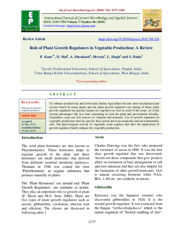 (PDF) Role of Plant Growth Regulators in Vegetable Production A Review