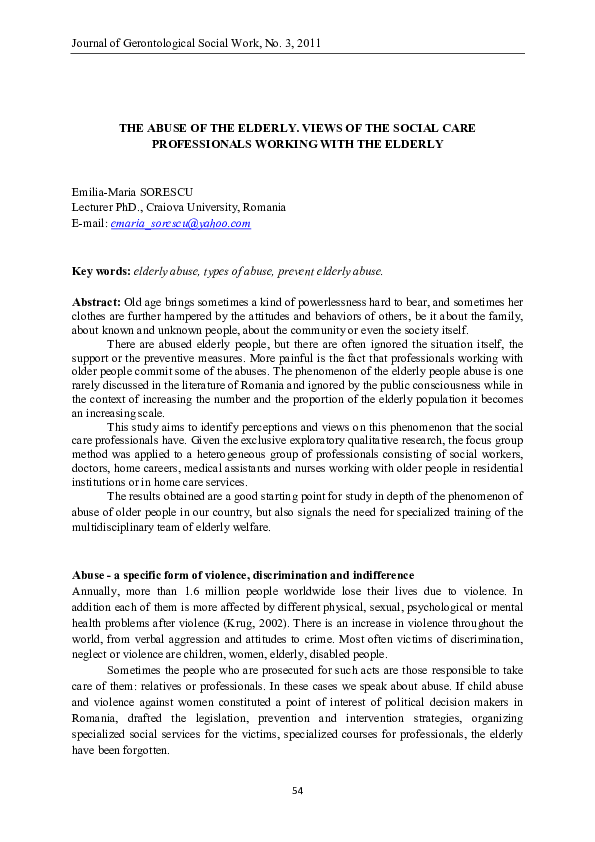 (PDF) The Abuse of the Elderly. Views of the Social Care Professionals ...