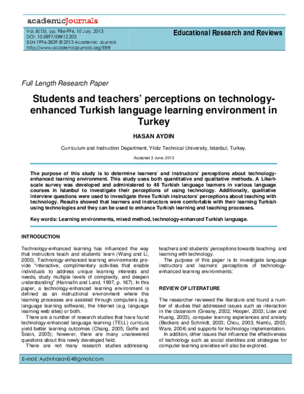 (PDF) Students and teachers perceptions on technology-enhanced Turkish ...