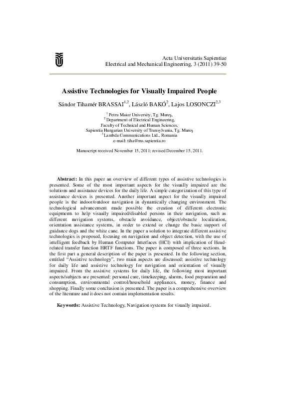 (PDF) Assistive Technologies for Visually Impaired People