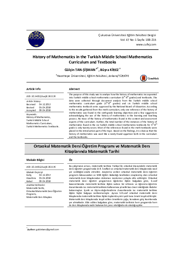 (PDF) History of Mathematics in the Turkish Middle School Mathematics ...