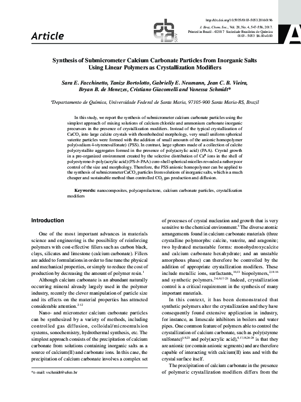 (PDF) Synthesis of Submicrometer Calcium Carbonate Particles from ...
