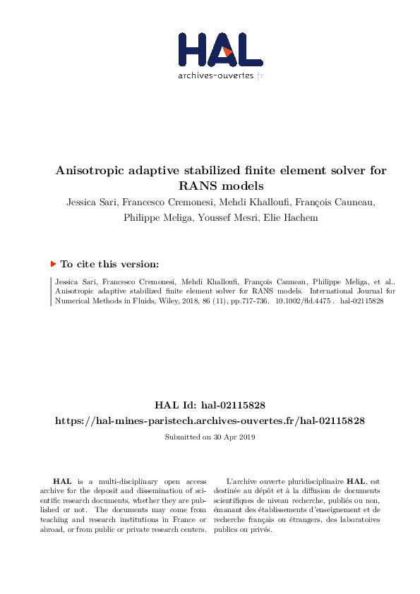 (PDF) Anisotropic adaptive stabilized finite element solver for RANS models