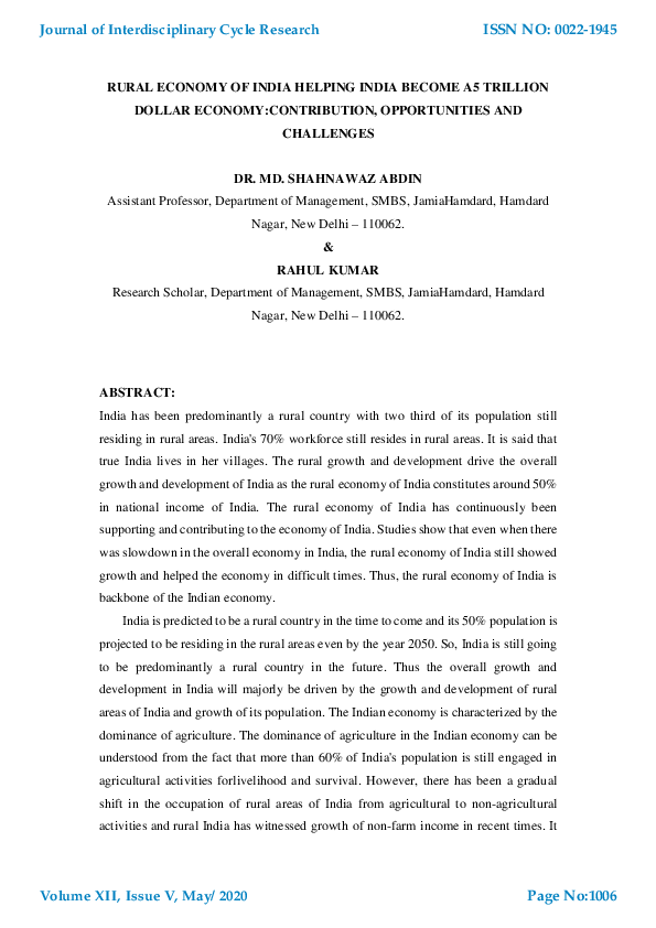 (PDF) RURAL ECONOMY OF INDIA HELPING INDIA BECOME A5 TRILLION DOLLAR ...