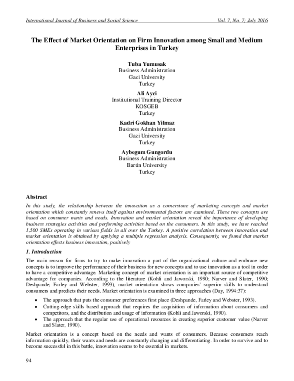 (PDF) The Effect of Market Orientation on Firm Innovation among Small ...