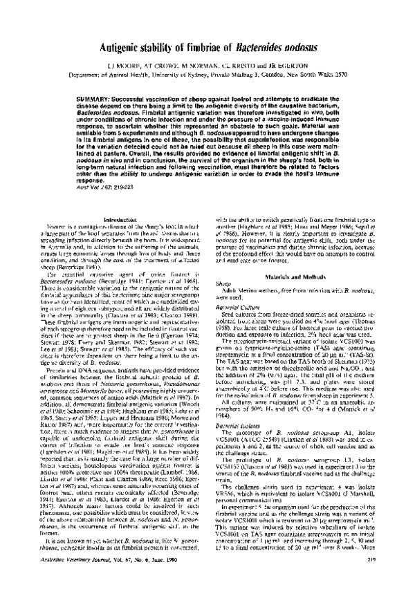 (PDF) Antigenic stability of fimbriae of Bacteroides nodosus craig