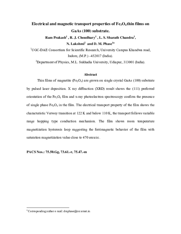 (PDF) Electrical and magnetic transport properties of Fe3O4 thin films ...