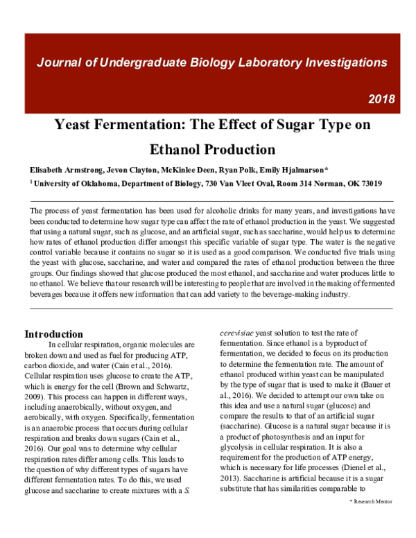 (PDF) Yeast Fermentation: The Effect of Sugar Type on Ethanol Production