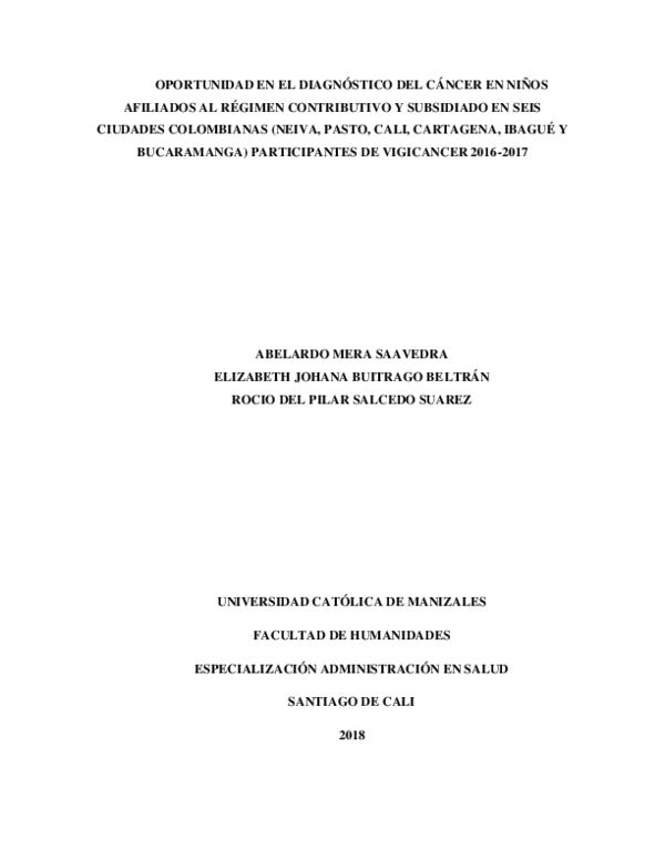 (PDF) OPORTUNIDAD EN EL DIAGNÓSTICO DEL CÁNCER EN NIÑOS AFILIADOS AL ...