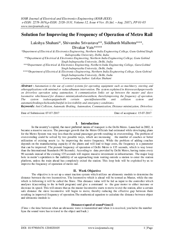 (PDF) Solution for Improving the Frequency of Operation of Metro Rail