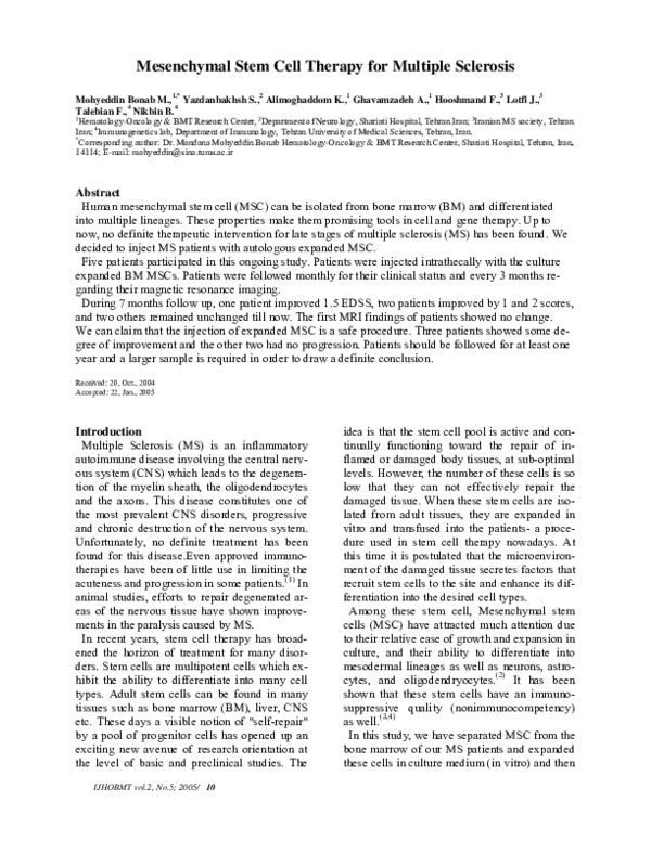 (PDF) Mesenchymal Stem Cell Therapy for Multiple Sclerosis