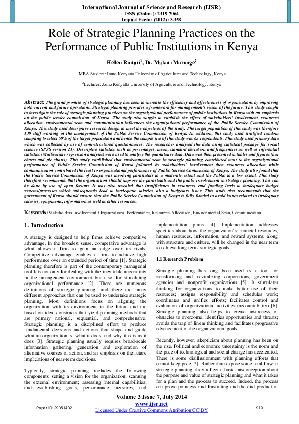 (PDF) Role of Strategic Planning Practices on the Performance of Public ...