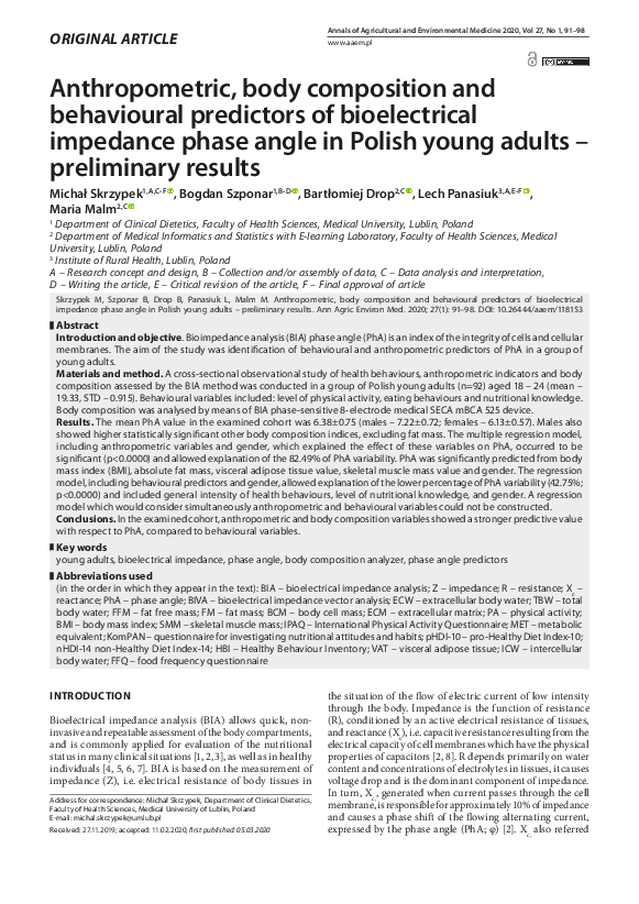 (PDF) Anthropometric, body composition and behavioural predictors of ...