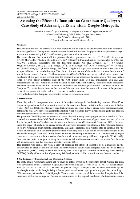 (PDF) Assessing the Effect of a Dumpsite on Groundwater Quality: A Case ...
