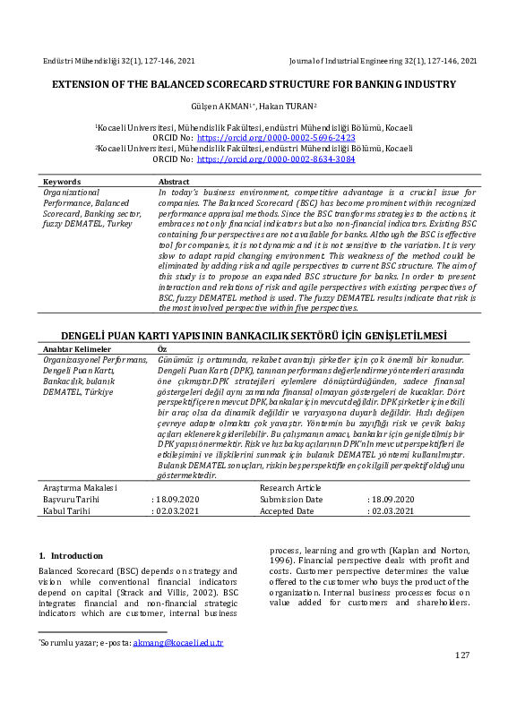 (PDF) Extension of the Balanced Scorecard Structure for Banking Industry