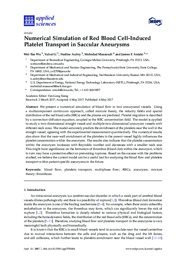 (PDF) Numerical Simulation of Red Blood Cell-Induced Platelet Transport ...