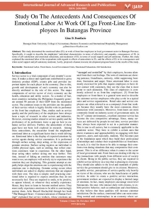 (PDF) Study On The Antecedents And Consequences Of Emotional Labor At ...