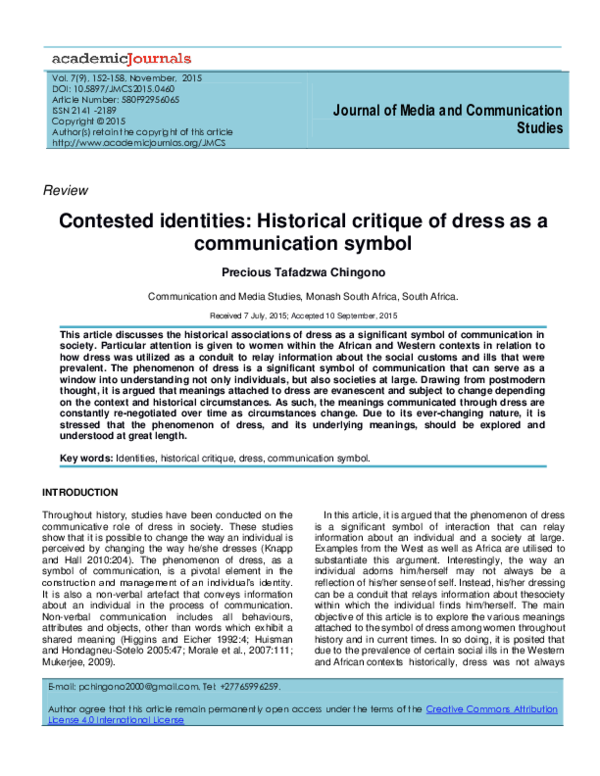 (PDF) Contested identities: Historical critique of dress as a ...