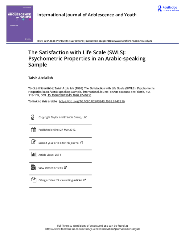 (PDF) The satisfaction with life scale (SWLS): Psychometric properties ...